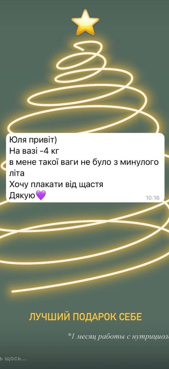 Скріншот відгуку клієнтки про результат -4 кг