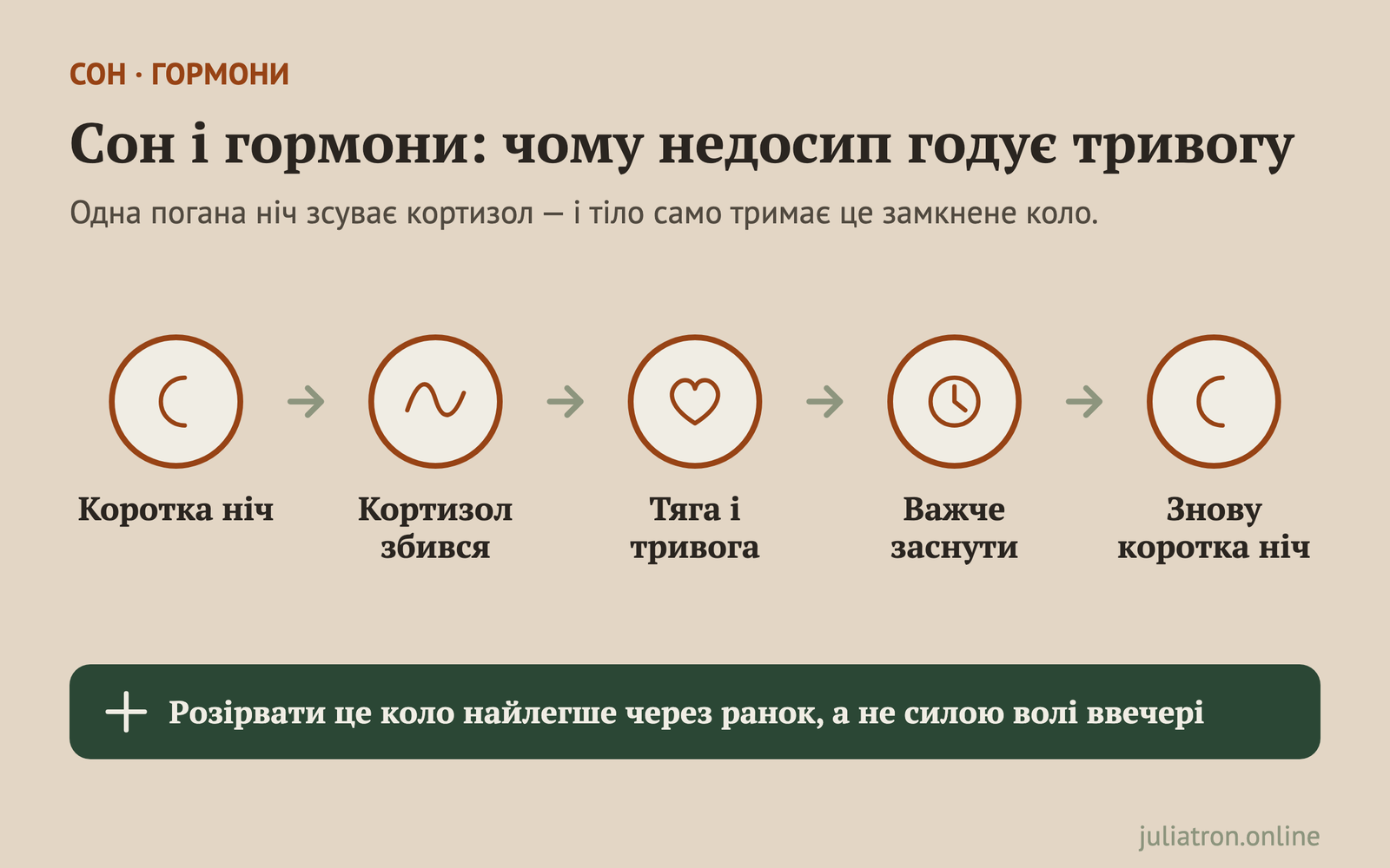 Замкнене коло недосипу: коротка ніч збиває кортизол, зʼявляється тяга і тривога, важче заснути ввечері — і ніч знову виходить короткою.